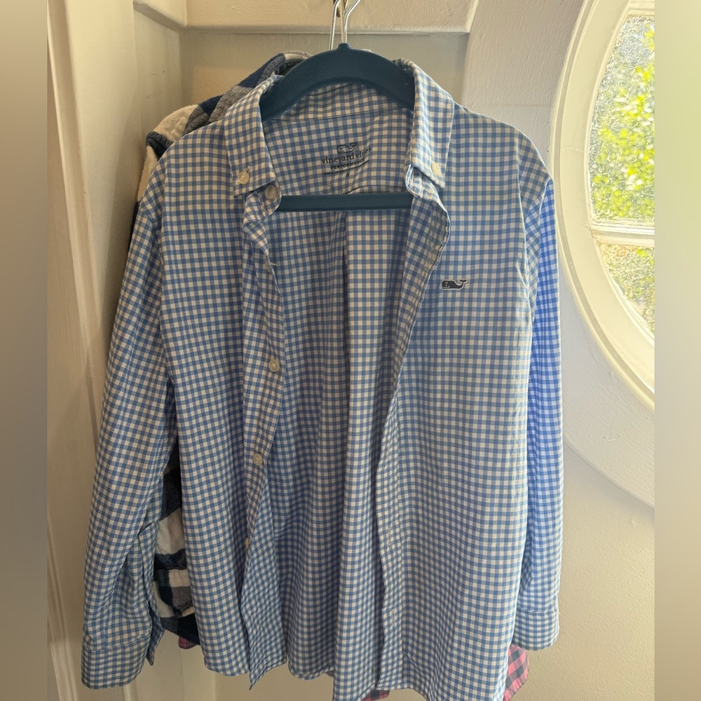 Vineyard Vines Blue and White Checkered Kids Button Down Shirt - Performance